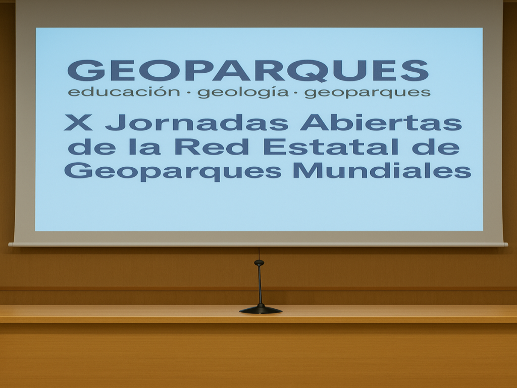 Cartel institucional de las X Jornadas de la Red Estatal de Geoparques Mundiales con presencia del Geoparque Volcanes de Calatrava en Barcelona