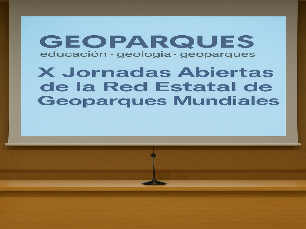 Cartel institucional de las X Jornadas de la Red Estatal de Geoparques Mundiales con presencia del Geoparque Volcanes de Calatrava en Barcelona