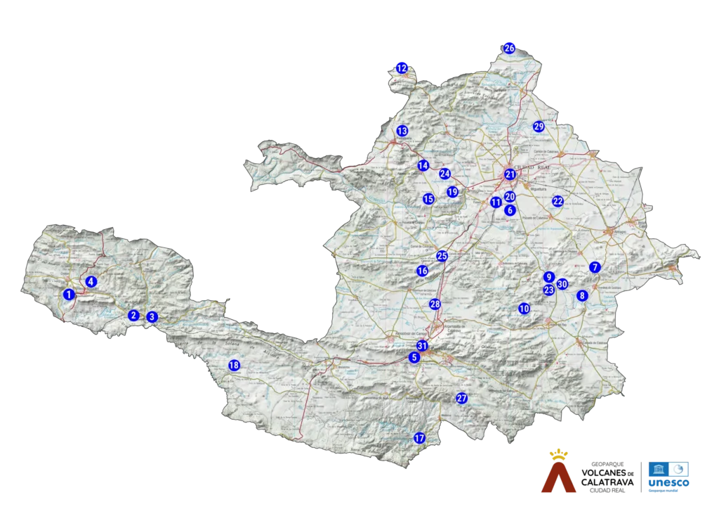Mapa de los geositios del Geoparque Volcanes de Calatrava, con los puntos numerados en el territorio.