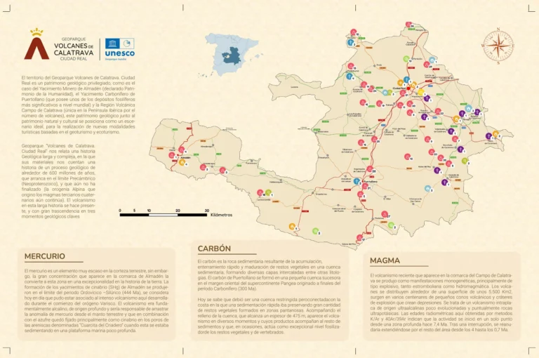 Tríptico con el mapa del Geoparque Volcanes de Calatrava, sus geositios y textos sobre el mercurio, el carbón y el magma