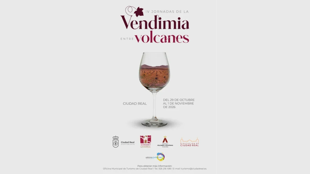 Cartel de las IV Jornadas de la Vendimia entre Volcanes, con una copa de vino, en Ciudad Real del 29 de octubre al 1 de noviembre de 2026